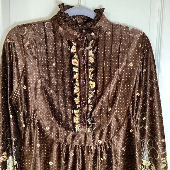 213 Women's Brown Dress Crush Velvet Vintage Retro Style Ruffles Long Sleeves - Picture 7 of 12